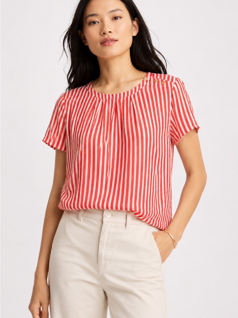 Banana Republic 100% Silk Orange White Striped Blouse Womens 12 *J